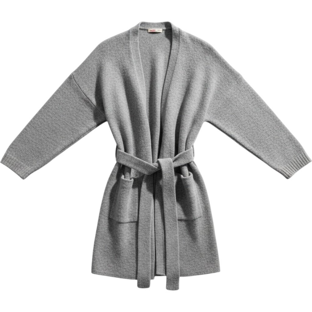 Faherty Women Heather Grey Belted Wrap Cardigan Sweater Wool Blend L/XL